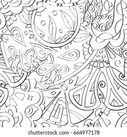 Tracery seamless pattern. Mehndi design. Ethnic monochrome binary doodle texture. Curved doodling black and white background. Vector