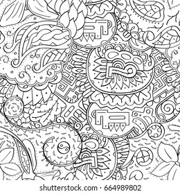 Tracery seamless pattern. Mehndi design. Ethnic monochrome binary doodle texture. Curved doodling black and white background. Vector