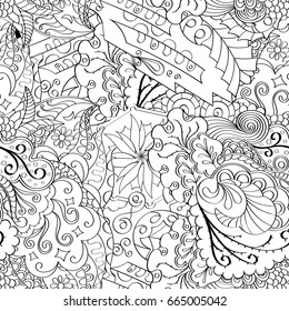 Tracery seamless pattern. Mehndi design. Ethnic monochrome binary doodle texture. Curved doodling black and white background. Vector