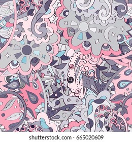 Tracery seamless pattern. Mehndi design. Ethnic colorful doodle texture. Curved doodling background. Vector