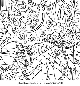 Tracery seamless pattern. Mehndi design. Ethnic monochrome binary doodle texture. Curved doodling black and white background. Vector