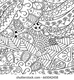 Tracery seamless pattern. Mehndi design. Ethnic monochrome binary doodle texture. Curved doodling black and white background. Vector