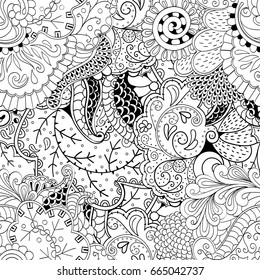 Tracery seamless pattern. Mehndi design. Ethnic monochrome binary doodle texture. Curved doodling black and white background. Vector