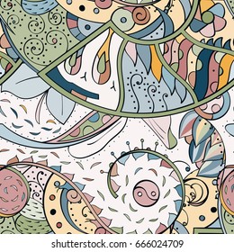 Tracery seamless pattern. Mehndi design. Ethnic colorful doodle texture. Curved doodling background. Vector