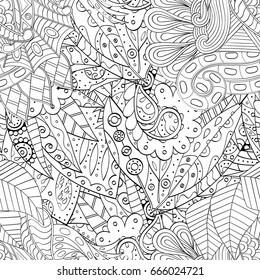 Tracery seamless pattern. Mehndi design. Ethnic monochrome binary doodle texture. Curved doodling black and white background. Vector