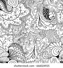 Tracery seamless pattern. Mehndi design. Ethnic monochrome binary doodle texture. Curved doodling black and white background. Vector