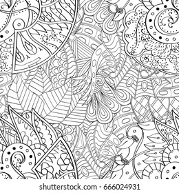 Tracery seamless pattern. Mehndi design. Ethnic monochrome binary doodle texture. Curved doodling black and white background. Vector