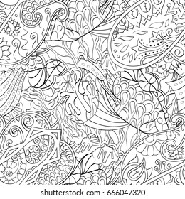 Tracery seamless pattern. Mehndi design. Ethnic monochrome binary doodle texture. Curved doodling black and white background. Vector