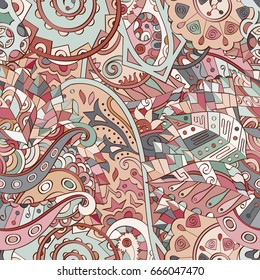 Tracery seamless pattern. Mehndi design. Ethnic colorful doodle texture. Curved doodling background. Vector