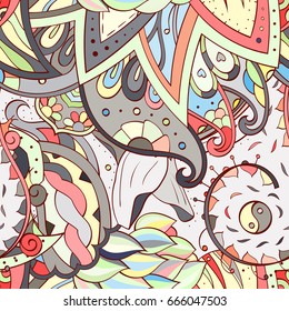 Tracery seamless pattern. Mehndi design. Ethnic colorful doodle texture. Curved doodling background. Vector