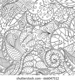 Tracery seamless pattern. Mehndi design. Ethnic monochrome binary doodle texture. Curved doodling black and white background. Vector