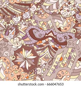 Tracery seamless pattern. Mehndi design. Ethnic colorful doodle texture. Curved doodling background. Vector