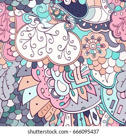 Tracery seamless pattern. Mehndi design. Ethnic colorful doodle texture. Curved doodling background. Vector