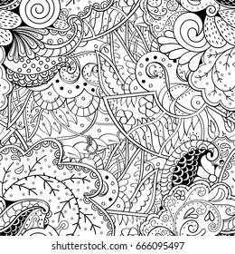 Tracery seamless pattern. Mehndi design. Ethnic monochrome binary doodle texture. Curved doodling black and white background. Vector