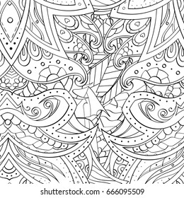 Tracery seamless pattern. Mehndi design. Ethnic monochrome binary doodle texture. Curved doodling black and white background. Vector