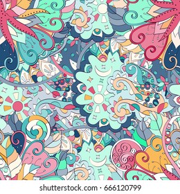 Tracery seamless pattern. Mehndi design. Ethnic colorful doodle texture. Curved doodling background. Vector
