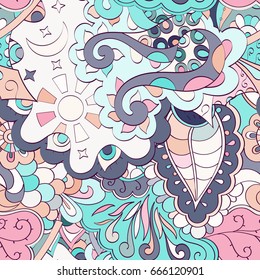 Tracery seamless pattern. Mehndi design. Ethnic colorful doodle texture. Curved doodling background. Vector