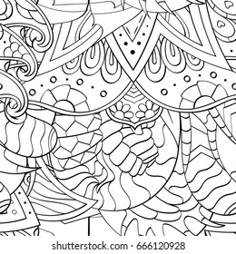 Tracery seamless pattern. Mehndi design. Ethnic monochrome binary doodle texture. Curved doodling black and white background. Vector