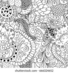 Tracery seamless pattern. Mehndi design. Ethnic monochrome binary doodle texture. Curved doodling black and white background. Vector