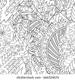 Tracery seamless pattern. Mehndi design. Ethnic monochrome binary doodle texture. Curved doodling black and white background. Vector