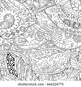 Tracery seamless pattern. Mehndi design. Ethnic monochrome binary doodle texture. Curved doodling black and white background. Vector