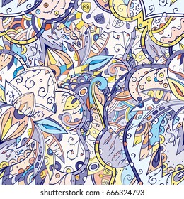 Tracery seamless pattern. Mehndi design. Ethnic colorful doodle texture. Curved doodling background. Vector