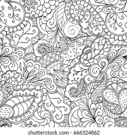 Tracery seamless pattern. Mehndi design. Ethnic monochrome binary doodle texture. Curved doodling black and white background. Vector