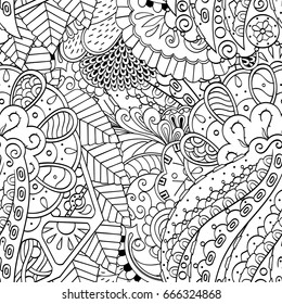 Tracery seamless pattern. Mehndi design. Ethnic monochrome binary doodle texture. Curved doodling black and white background. Vector