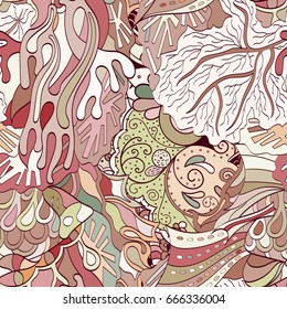 Tracery seamless pattern. Mehndi design. Ethnic colorful doodle texture. Curved doodling background. Vector