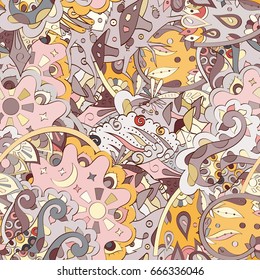 Tracery seamless pattern. Mehndi design. Ethnic colorful doodle texture. Curved doodling background. Vector