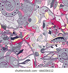 Tracery seamless pattern. Mehndi design. Ethnic colorful doodle texture. Curved doodling background. Vector