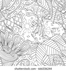 Tracery seamless pattern. Mehndi design. Ethnic monochrome binary doodle texture. Curved doodling black and white background. Vector