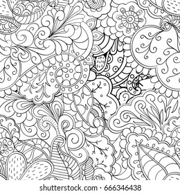 Tracery seamless pattern. Mehndi design. Ethnic monochrome binary doodle texture. Curved doodling black and white background. Vector