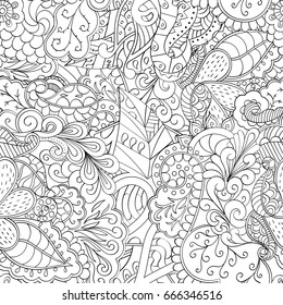 Tracery seamless pattern. Mehndi design. Ethnic monochrome binary doodle texture. Curved doodling black and white background. Vector