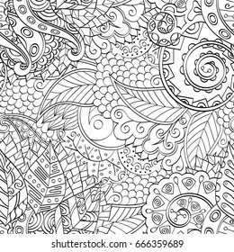 Tracery seamless pattern. Mehndi design. Ethnic monochrome binary doodle texture. Curved doodling black and white background. Vector