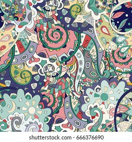 Tracery seamless pattern. Mehndi design. Ethnic colorful doodle texture. Curved doodling background. Vector