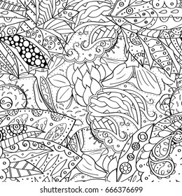 Tracery seamless pattern. Mehndi design. Ethnic monochrome binary doodle texture. Curved doodling black and white background. Vector
