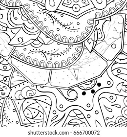 Tracery seamless pattern. Mehndi design. Ethnic monochrome binary doodle texture. Curved doodling black and white background. Vector