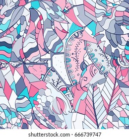 Tracery seamless pattern. Mehndi design. Ethnic colorful doodle texture. Curved doodling background. Vector