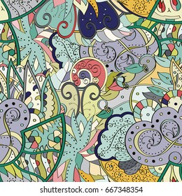Tracery seamless pattern. Mehndi design. Ethnic colorful doodle texture. Curved doodling background. Vector