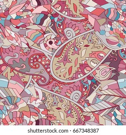 Tracery seamless pattern. Mehndi design. Ethnic colorful doodle texture. Curved doodling background. Vector