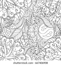 Tracery seamless pattern. Mehndi design. Ethnic monochrome binary doodle texture. Curved doodling black and white background. Vector