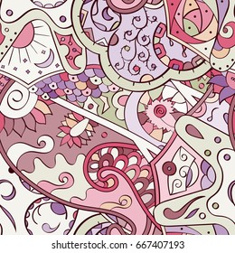 Tracery seamless pattern. Mehndi design. Ethnic colorful doodle texture. Curved doodling background. Vector