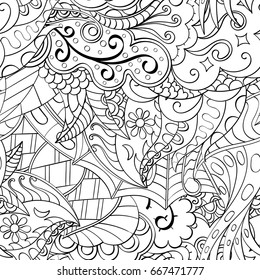 Tracery seamless pattern. Mehndi design. Ethnic monochrome binary doodle texture. Curved doodling black and white background. Vector