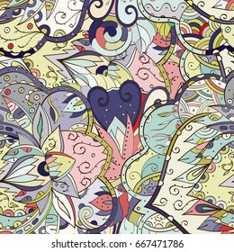 Tracery seamless pattern. Mehndi design. Ethnic colorful doodle texture. Curved doodling background. Vector