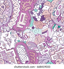 Tracery seamless pattern. Mehndi design. Ethnic colorful doodle texture. Curved doodling background. Vector