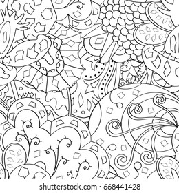 Tracery seamless pattern. Mehndi design. Ethnic monochrome binary doodle texture. Curved doodling black and white background. Vector