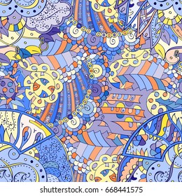 Tracery seamless pattern. Mehndi design. Ethnic colorful doodle texture. Curved doodling background. Vector