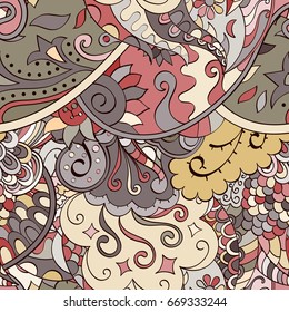 Tracery seamless pattern. Mehndi design. Ethnic colorful doodle texture. Curved doodling background. Vector