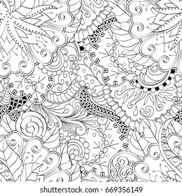 Tracery seamless pattern. Mehndi design. Ethnic monochrome binary doodle texture. Curved doodling black and white background. Vector